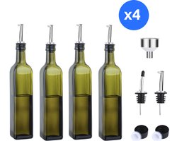 4x Oliefles met schenktuit - Olijfolie/Azijn – 4x 500ml - BBQ Accesoires - Glas - Navulbaar - Inclusief Trechter en doppe