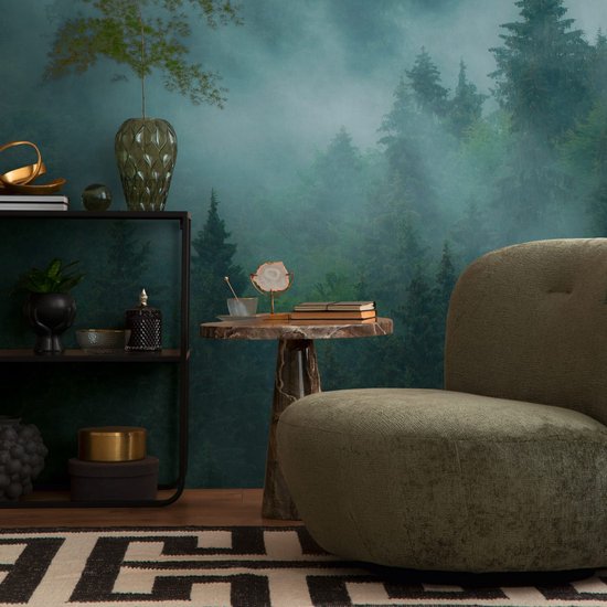 Papier peint photo Profhome 398981-GU papier peint intissé vinyle rigide marquage à chaud en relief lisse avec motif forêt vert bleu pétrole mat 3,71 mx 2,8 m