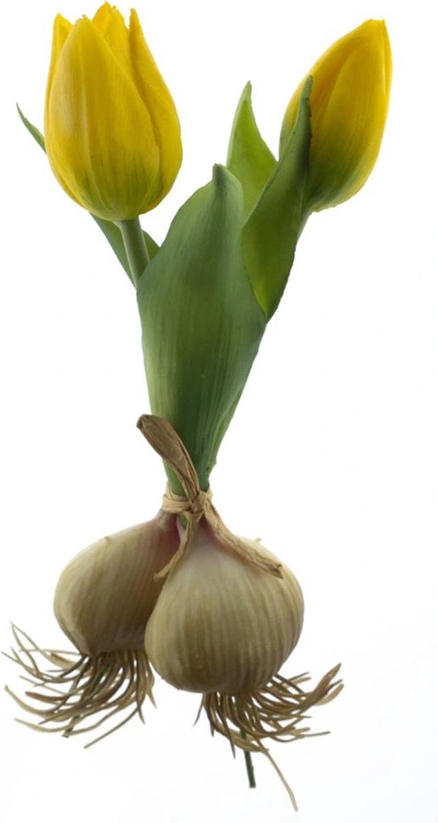 Kunst Tulpen met Bol x2 geel- 18 cm-Real Touch Tulpen -Kunstbloemen - Kunst Tulpen - Kunst Boeket - Tulp - Latex Bloem - Bruiloft