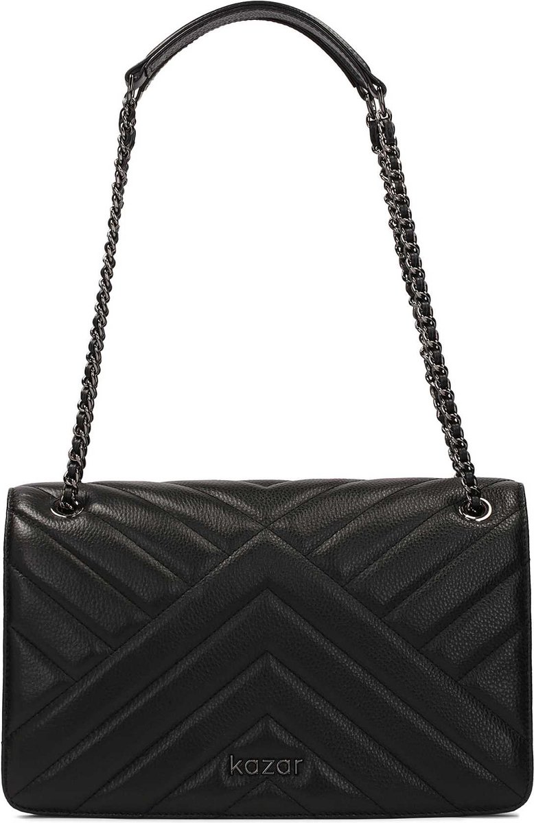 Black ornate handbag suspended from a chain