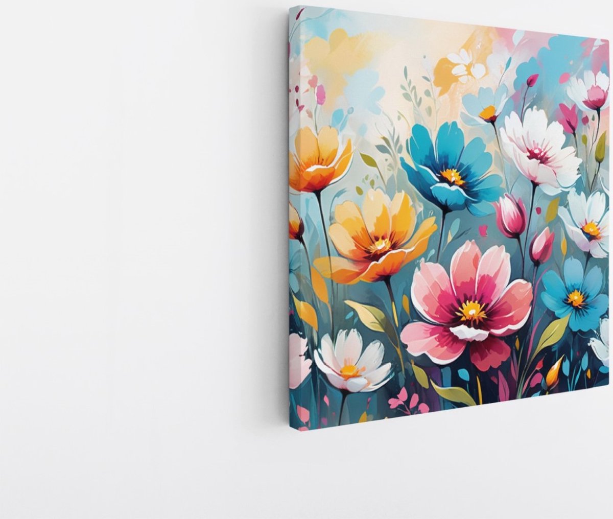 Saammp Canvas Schilderij - Gekleurde bloemen in Abstracte stijl - 100x100 - Foto op canvas - Wanddecoratie - Muurdecoratie Woonkamer - Kantoor Decoratie Multicolor