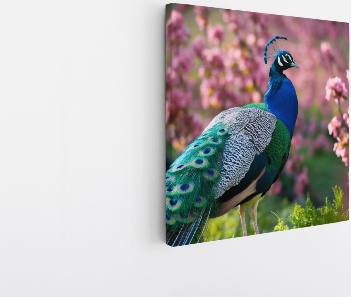Saammp Canvas Schilderij - Pauw bij roze bloemen - Dieren - Natuur - 60x60 - Foto op canvas - Wanddecoratie - muurdecoratie Woonkamer - Slaapkamer decoratie - Canvas Print Multicolor
