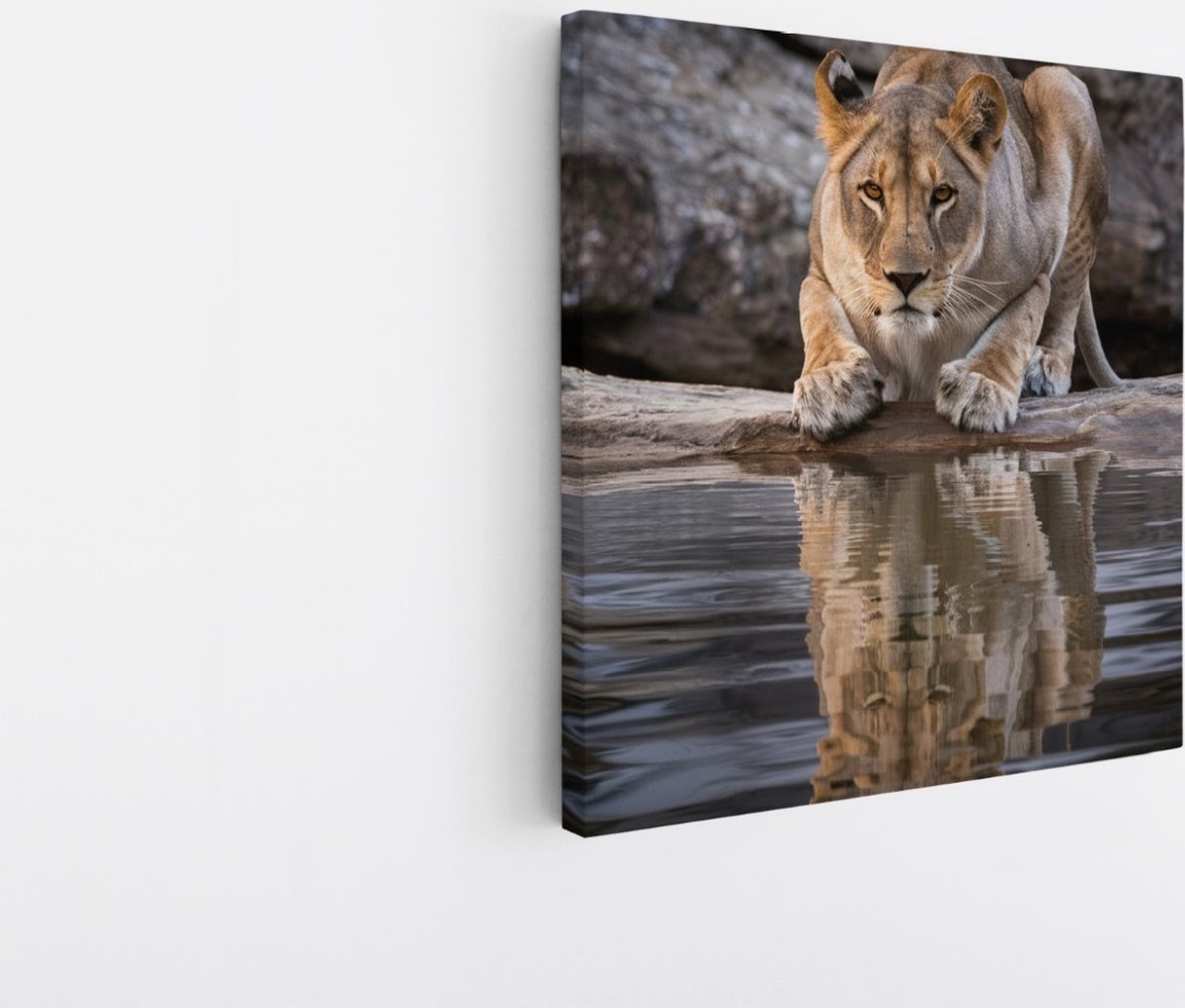 Saammp Canvas Schilderij - Drinkende Leeuw - Natuur - Dieren - 40x40 - Foto op canvas - Wanddecoratie - Muurdecoratie Woonkamer - Slaapkamer decoratie - Canvas Print Multicolor