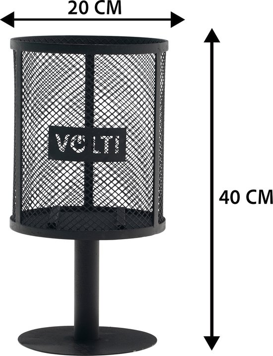 Zwarte metalen staande vuurkorf, 40cm hoog, 20cm breed, met VOLT! logo.