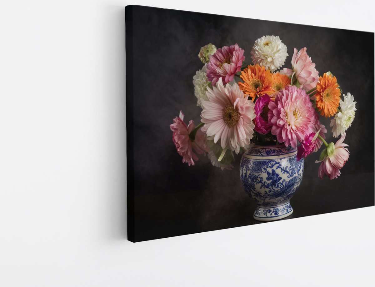 Saammp Canvas Schilderij - Kleurrijke Bloemen in mooie vaas - Natuur - 70x50 - Foto op canvas - Wanddecoratie - Muurdecoratie Woonkamer - Kantoor Decoratie Multicolor