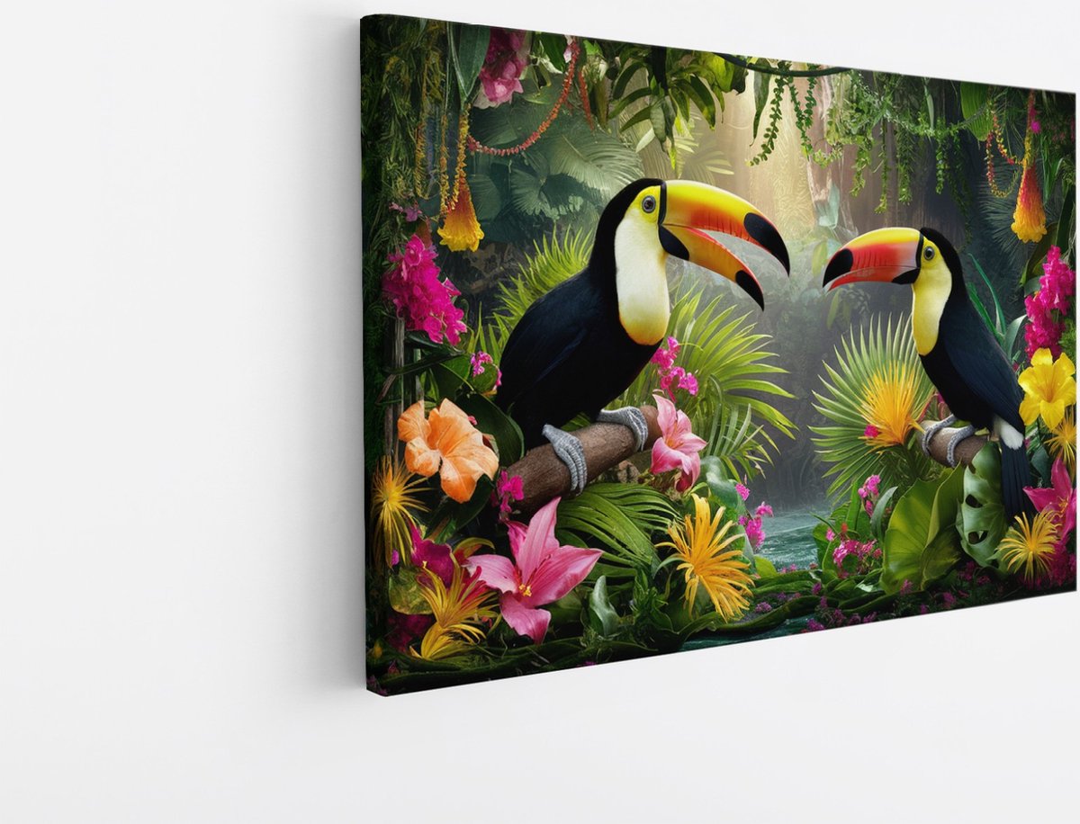 Saammp Canvas Schilderij - Abstracte Toekans - Dieren - Bloemen - 45x30 - Foto op canvas - Wanddecoratie - muurdecoratie Woonkamer - Slaapkamer decoratie - Canvas Print Multicolor