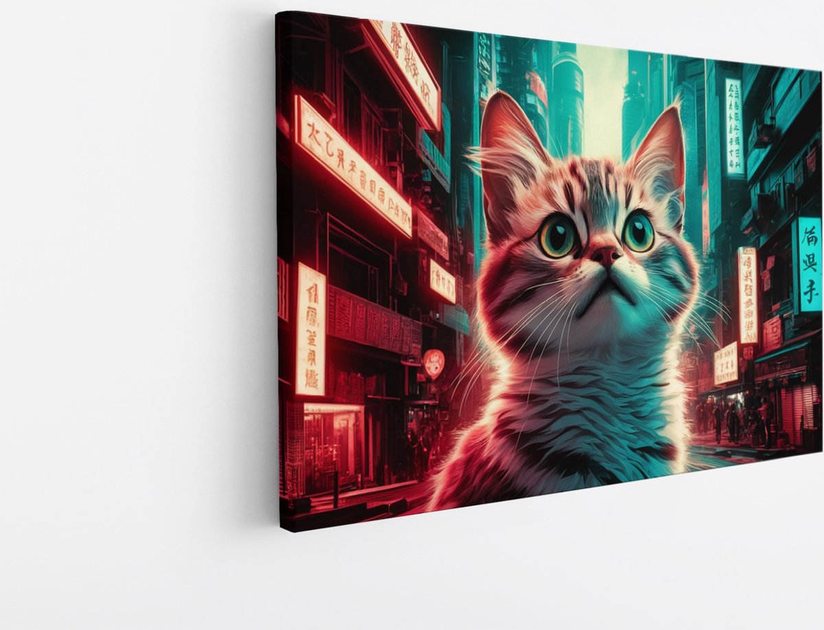 Saammp Canvas Schilderij - Kat - kleurrijk - Abstract - Dieren - 30x20 - Foto op canvas - Wanddecoratie - Muurdecoratie Woonkamer - Slaapkamer decoratie - Canvas Print Multicolor