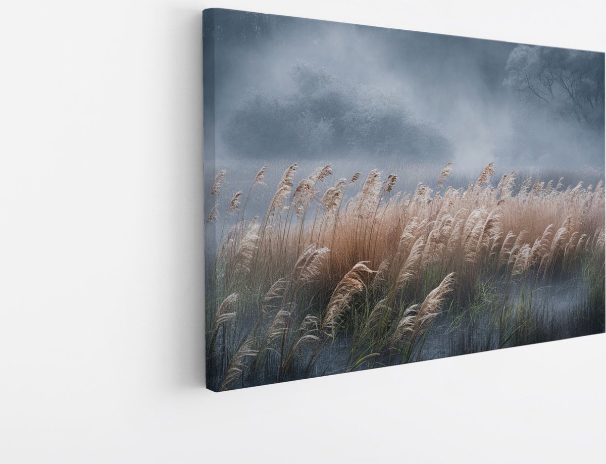 Saammp Canvas Schilderij - Hoog gras in de mist - Zonsondergang - Landschap - Natuur - 45x30 - Foto op canvas - Wanddecoratie - Muurdecoratie Woonkamer - Slaapkamer decoratie - Canvas Print Multicolor