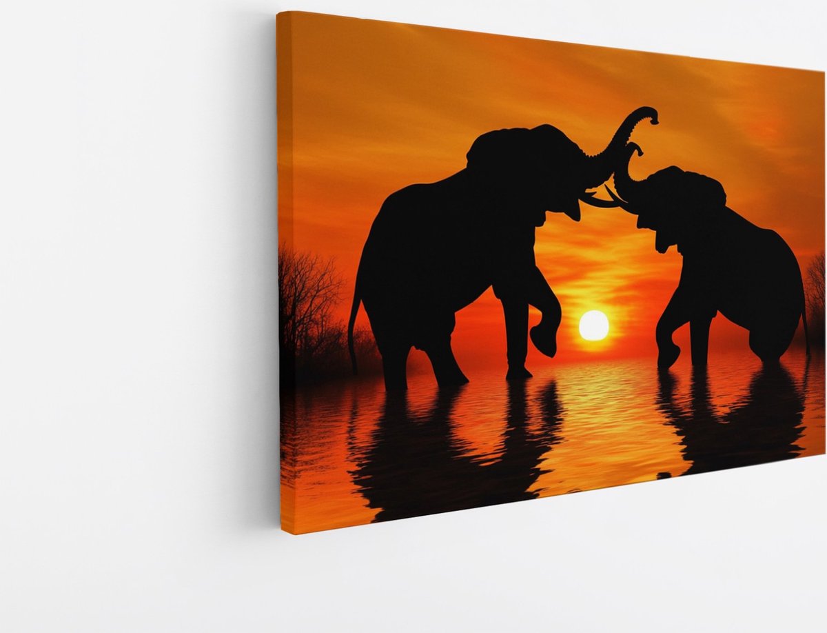 Saammp Canvas Schilderij - Olifanten in zonsondergang - Silhouet - Dieren - 100x75 - Foto op canvas - Wanddecoratie - muurdecoratie Woonkamer - Slaapkamer decoratie - Canvas Print Multicolor