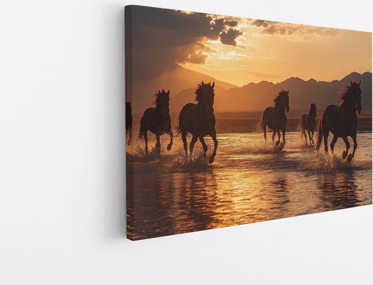 Saammp Canvas Schilderij - Groep paarden tijdens golden hour - Dieren - Natuur - 100x75 - Foto op canvas - Wanddecoratie - muurdecoratie Woonkamer - Slaapkamer decoratie - Canvas Print Multicolor