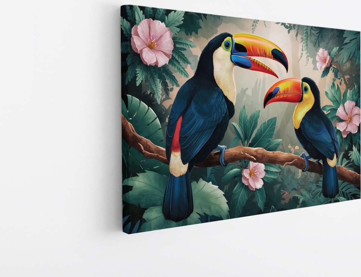 Saammp Canvas Schilderij - 2 toekans tussen de roze bloemen - Dieren - Bloemen - 50x40 - Foto op canvas - Wanddecoratie - muurdecoratie Woonkamer - Slaapkamer decoratie - Canvas Print Multicolor