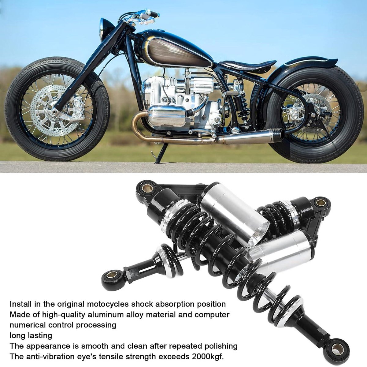 Aramox Motorfiets Schokdemper, Paar 340mm Universele Motorfiets Schokdemper Achtervering Lente voor ATV SUV(Zwart en zilver