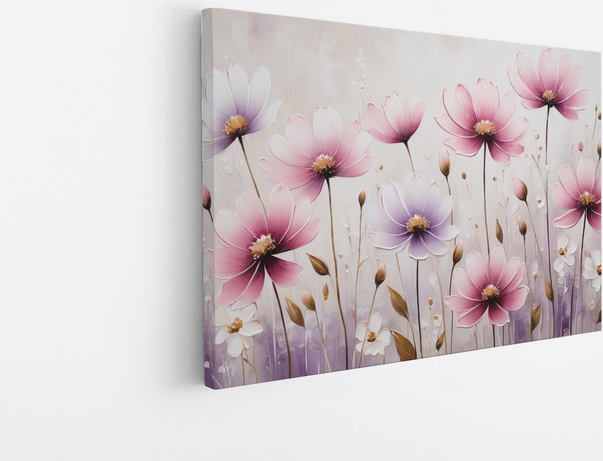 Saammp Canvas Schilderij - Roze Bloemen - Paars - Abstract - Natuur - 60x40 - Foto op canvas - Wanddecoratie - Muurdecoratie Woonkamer - Kantoor Decoratie Multicolor