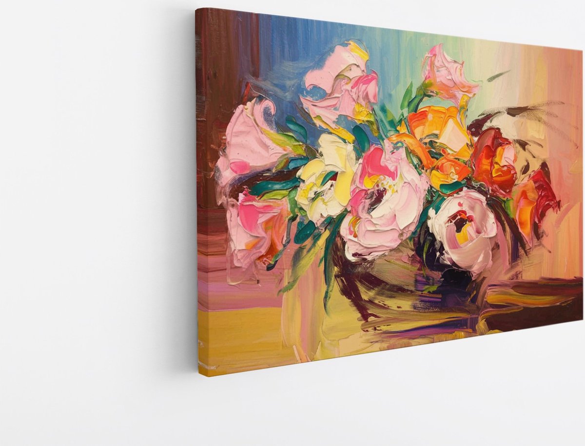 Saammp Canvas Schilderij - Kleurrijke Bloemen Schilderij - Natuur - Abstract - 45x30 - Foto op canvas - Wanddecoratie - Muurdecoratie Woonkamer - Kantoor Decoratie Multicolor