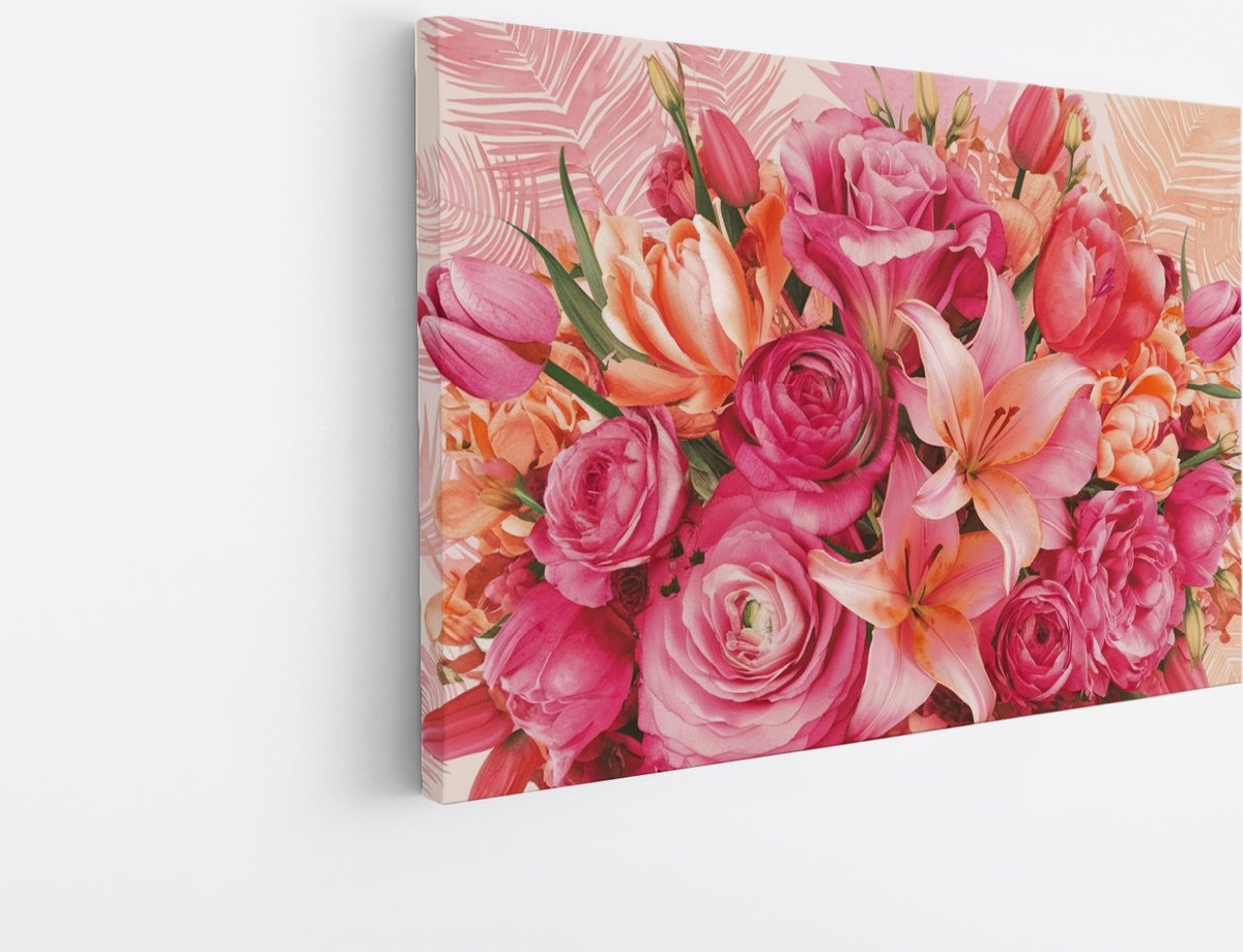 Saammp Canvas Schilderij - Bloemen Boeket Roze en Oranje - Natuur - Abstract - 45x30 - Foto op canvas - Wanddecoratie - Muurdecoratie Woonkamer - Kantoor Decoratie Multicolor