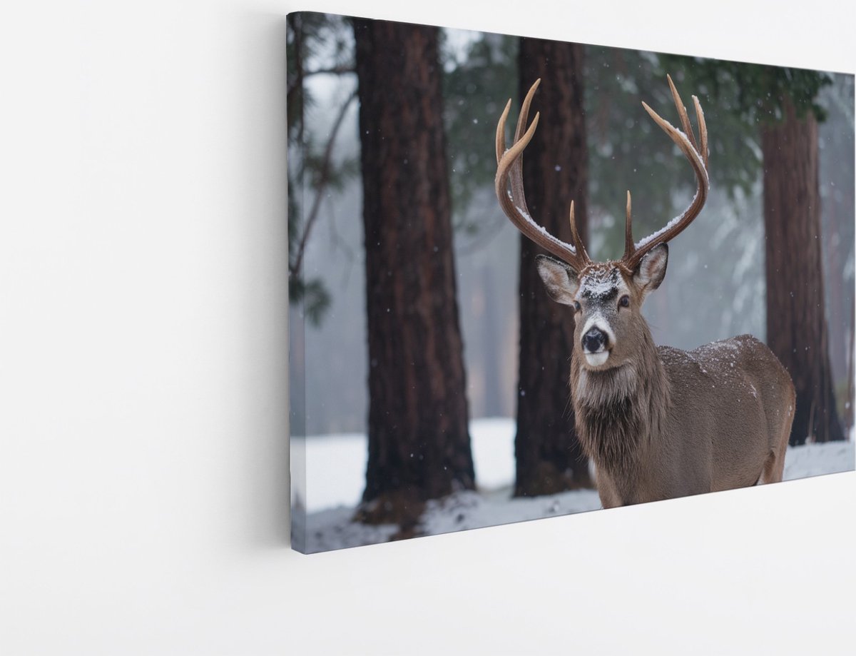 Saammp Canvas Schilderij - Hert in het bos met sneeuw - Natuur - Dieren - 150x100 - Foto op canvas - Wanddecoratie - Muurdecoratie Woonkamer - Slaapkamer decoratie - Canvas Print Multicolor