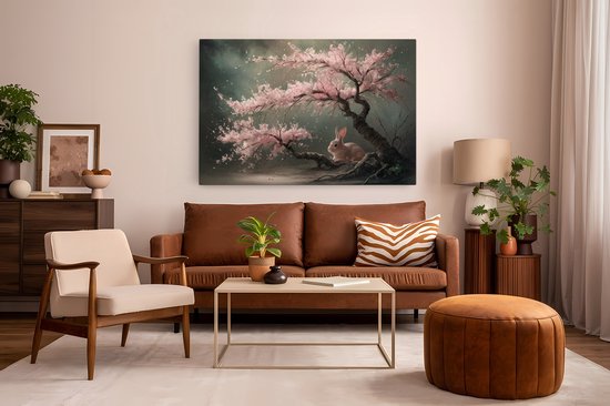 Saammp Canvas Schilderij - Haas bij roze boom - Landschap - Natuur - 150x100 - Foto op canvas - Wanddecoratie - Muurdecoratie Woonkamer - Slaapkamer decoratie - Canvas Print