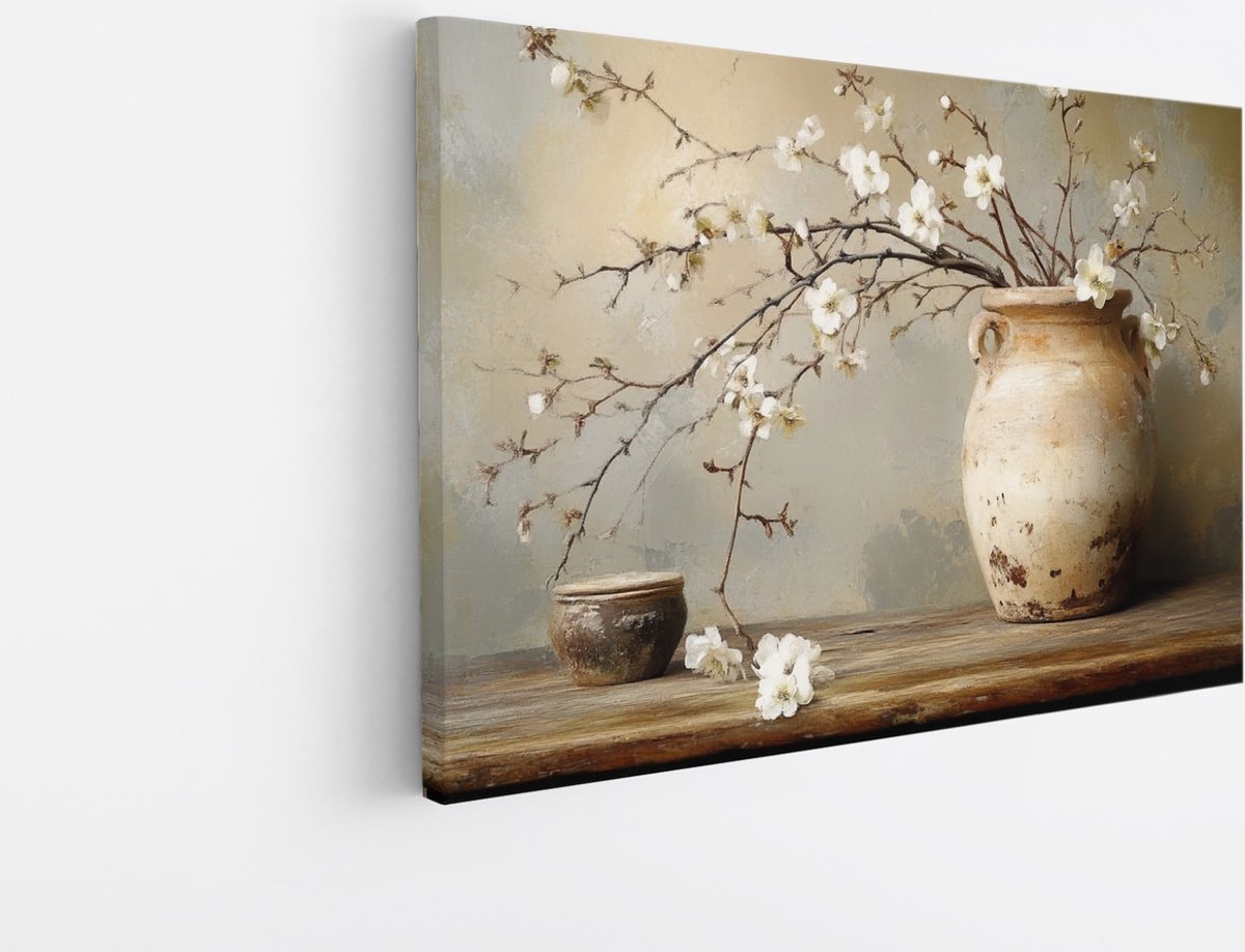 Saammp Canvas Schilderij - Stilleven - Wit - Minimalistisch - Bloemen - 90x60 - Foto op canvas - Wanddecoratie - Muurdecoratie Woonkamer - Kantoor Decoratie Multicolor