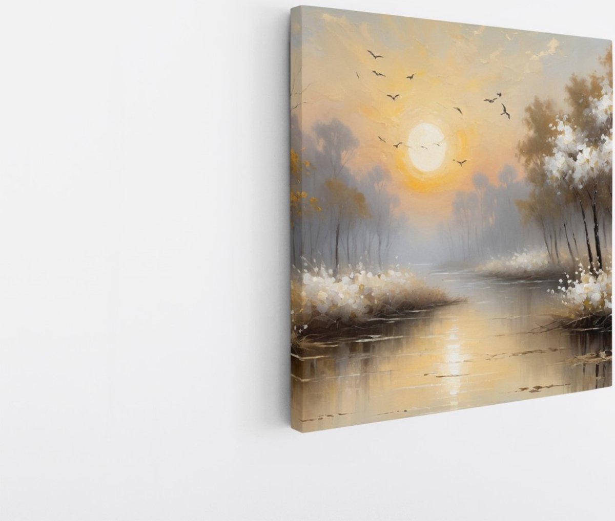 Saammp Canvas Schilderij - witte landschap met zon - Natuur - 20x20 - Foto op canvas - Wanddecoratie - Muurdecoratie Woonkamer - Slaapkamer decoratie - Canvas Print Multicolor