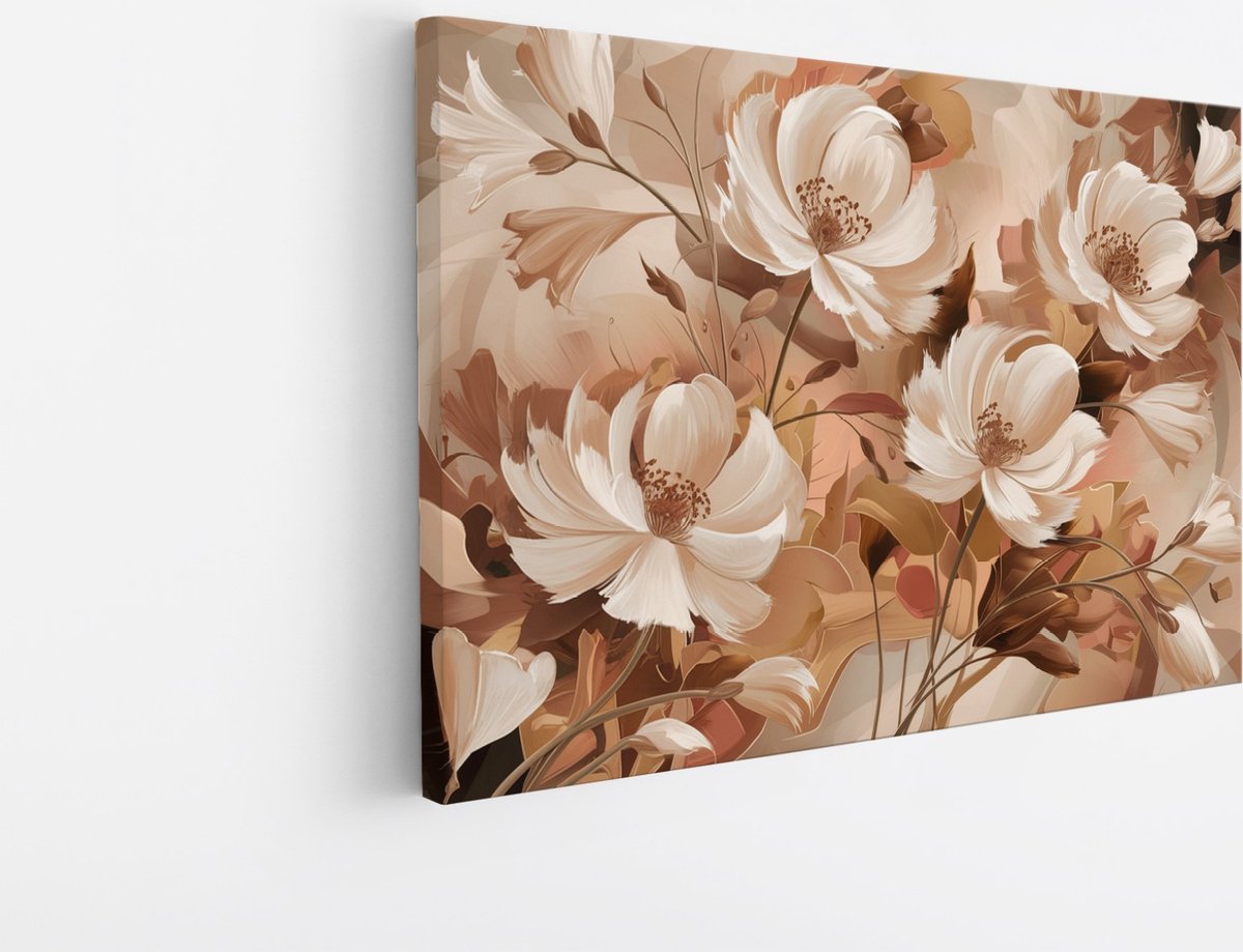 Saammp Canvas Schilderij - Witte bloemen - Bruin - Abstract - 30x20 - Foto op canvas - Wanddecoratie - Muurdecoratie Woonkamer - Kantoor Decoratie Multicolor