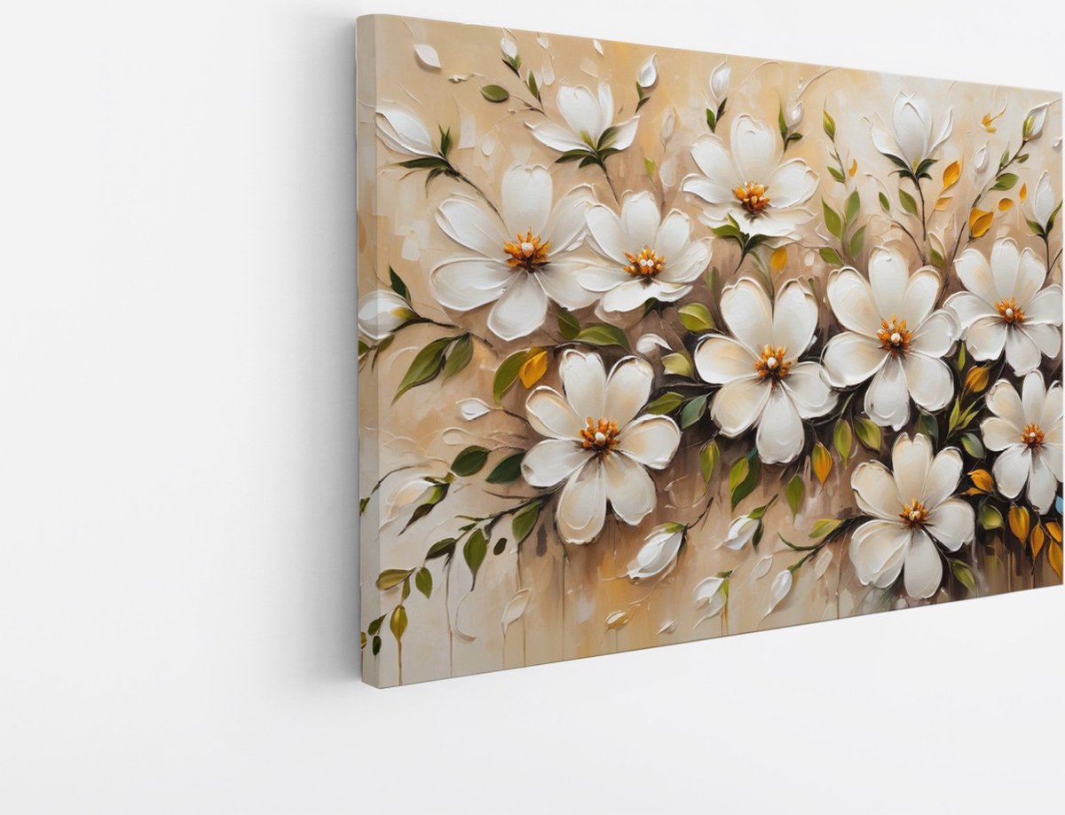 Saammp Canvas Schilderij - bos Witte Bloemen - Beige - Abstract - 30x20 - Foto op canvas - Wanddecoratie - Muurdecoratie Woonkamer - Kantoor Decoratie Multicolor