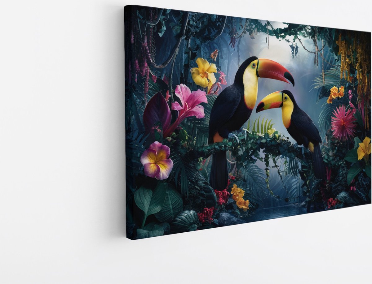 Saammp Canvas Schilderij - 2 toekans tussen de bloemen - Dieren - Bloemen - 30x20 - Foto op canvas - Wanddecoratie - muurdecoratie Woonkamer - Slaapkamer decoratie - Canvas Print Multicolor