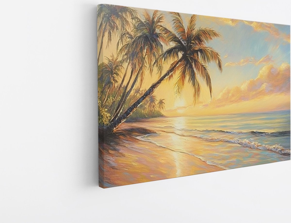 Saammp Canvas Schilderij - Strand met Palmbomen - Zee - Abstract - 150x100 - Foto op canvas - Wanddecoratie - muurdecoratie Woonkamer - Slaapkamer decoratie - Canvas Print Multicolor
