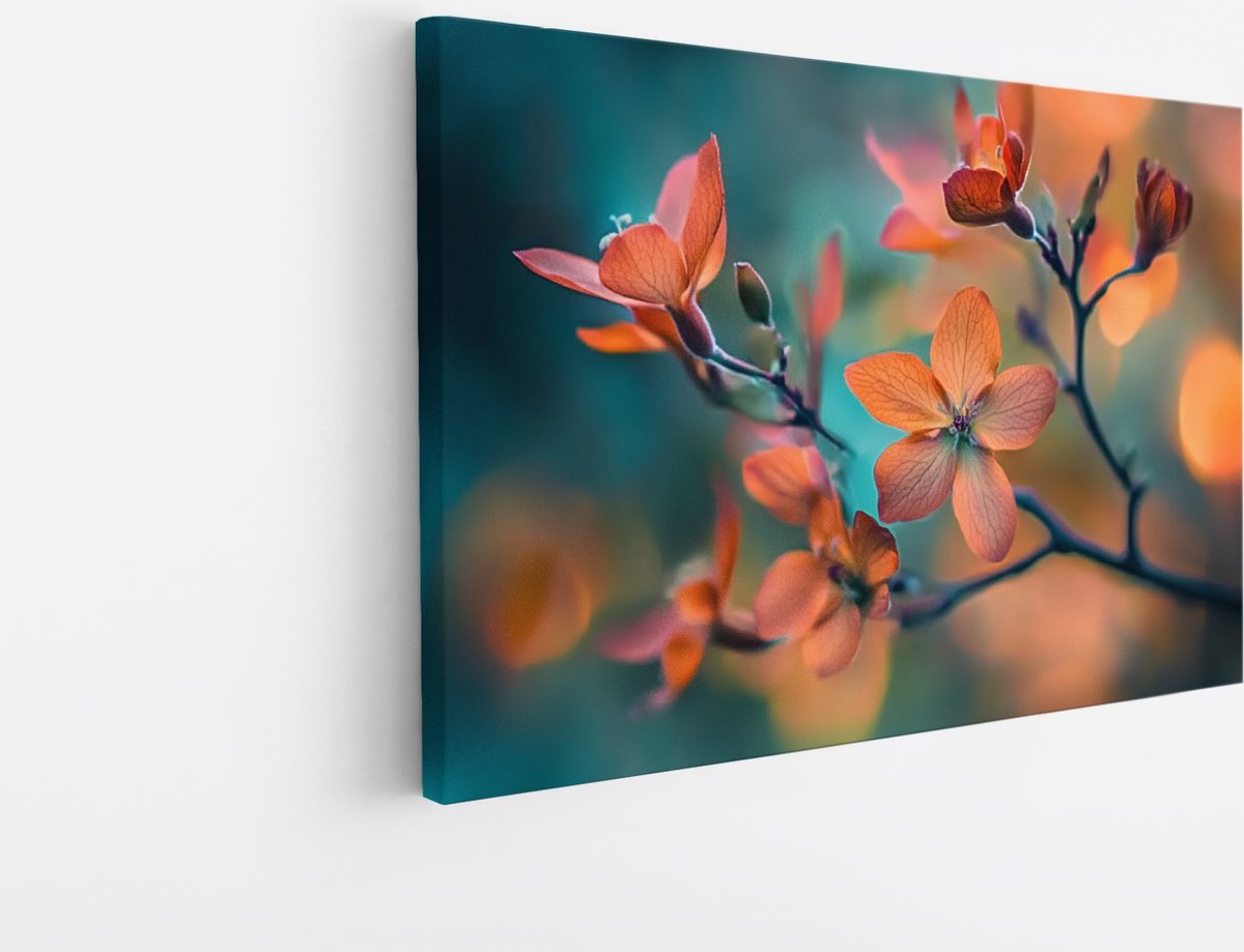 Saammp Canvas Schilderij - Oranje bloemen aan tak - Natuur - Abstract - 100x75 - Foto op canvas - Wanddecoratie - Muurdecoratie Woonkamer - Woonkamer Decoratie Multicolor
