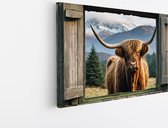 Saammp Canvas Schilderij - Schotse hooglander Koe - Doorkijk - Dieren - 90x60 - Foto op canvas - Wanddecoratie - Muurdecoratie Woonkamer - Slaapkamer decoratie - Canvas Print