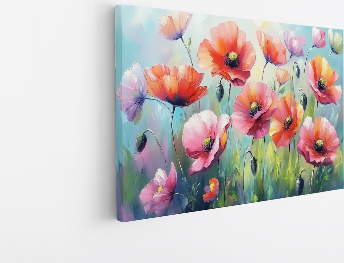 Saammp Canvas Schilderij - Veld Klaprozen - Natuur - Bloemen - 50x40 - Foto op canvas - Wanddecoratie - Muurdecoratie Woonkamer - Kantoor Decoratie Multicolor