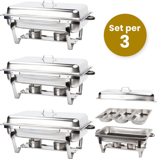 Foto: Alora chafing dish chrome 3 bakken per 3 voedsel verwamer voedsel warmhouden met deksel buffetwarmer roestvrij staal chrome earmhoudplaat bain marie warmhoudbakken warmhoudschalen