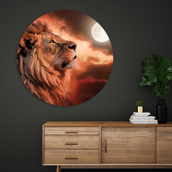 Saammp Forex Muurcirkel - Leeuw met de maan - Dieren - Natuur - Ø 90 - Wandcirkel - Wanddecoratie Cirkel - Muurdecoratie Woonkamer - Slaapkamer decoratie - Rond Schilderij