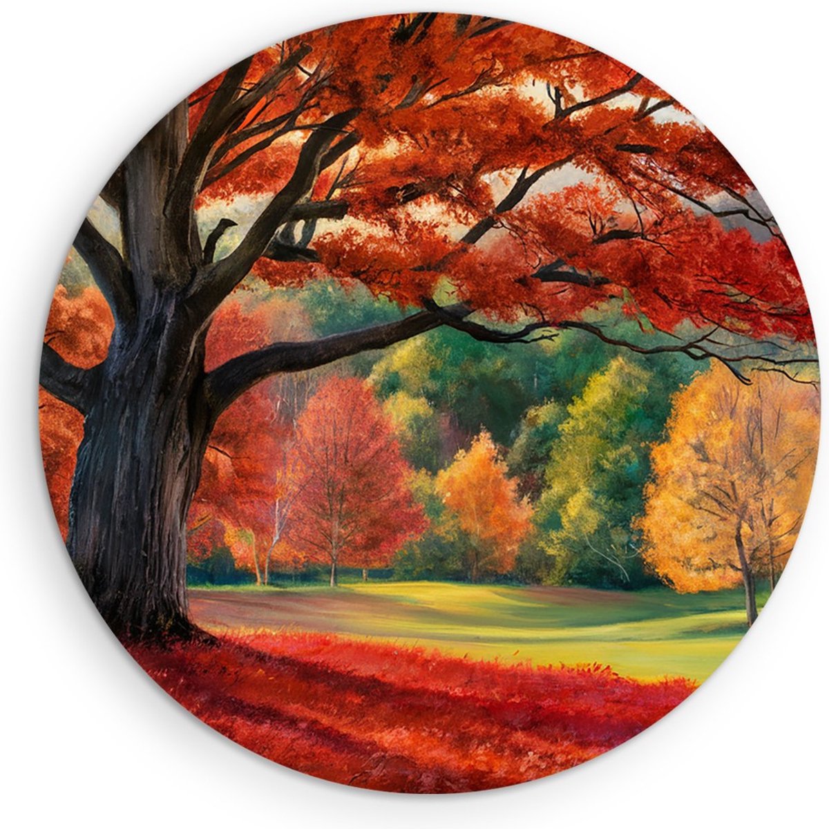 Saammp Forex Muurcirkel - Rode herfst boom - Natuur - Bloemen - Ø 30 - Wandcirkel - Wanddecoratie Cirkel - Muurdecoratie Woonkamer - Slaapkamer decoratie - Rond Schilderij