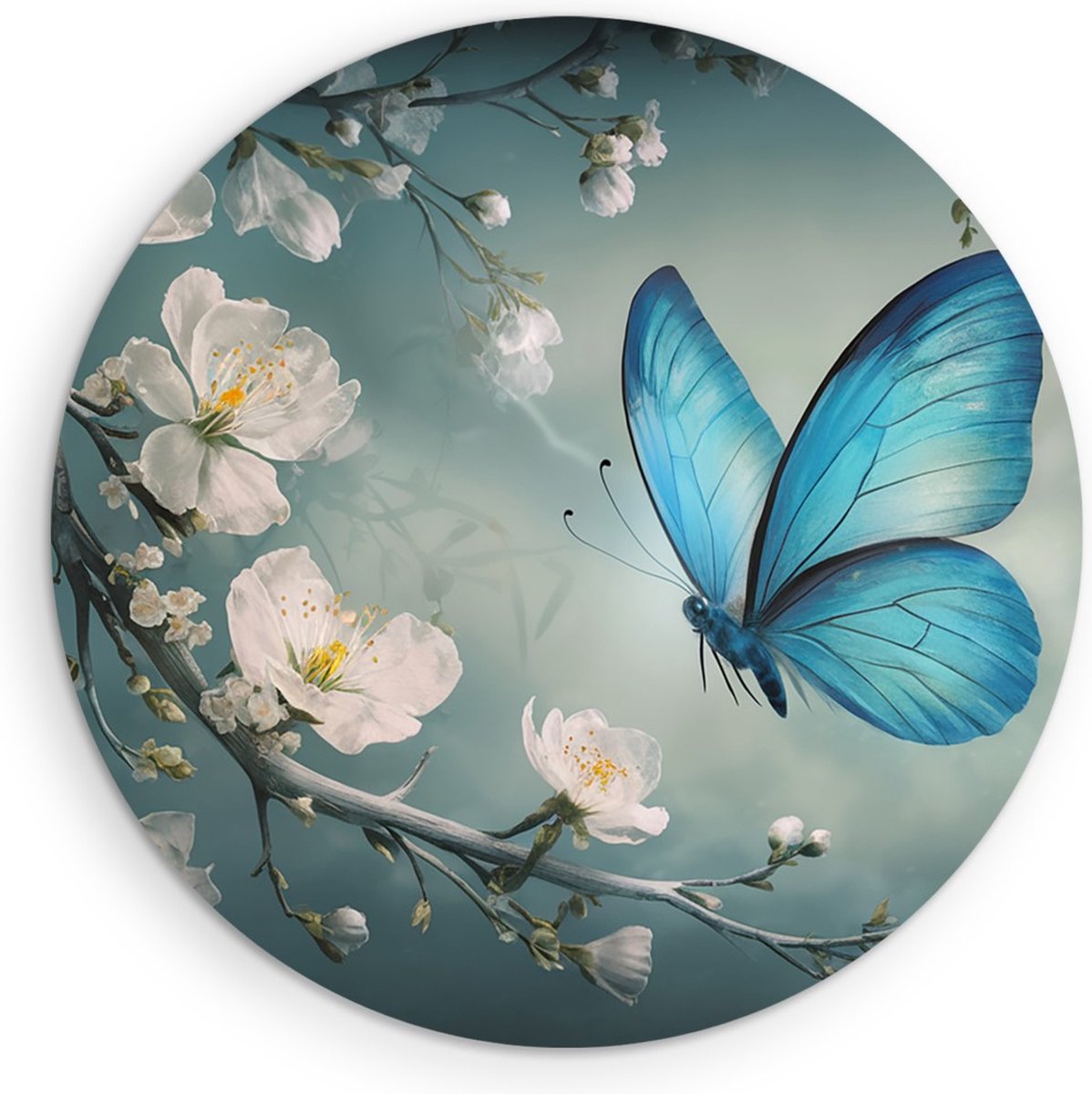 Saammp Forex Muurcirkel - Elegante Vlinder - Abstract met Bloesemtakken - Ø 40 - Wandcirkel - Wanddecoratie Cirkel - Muurdecoratie Woonkamer - Kantoor Decoratie