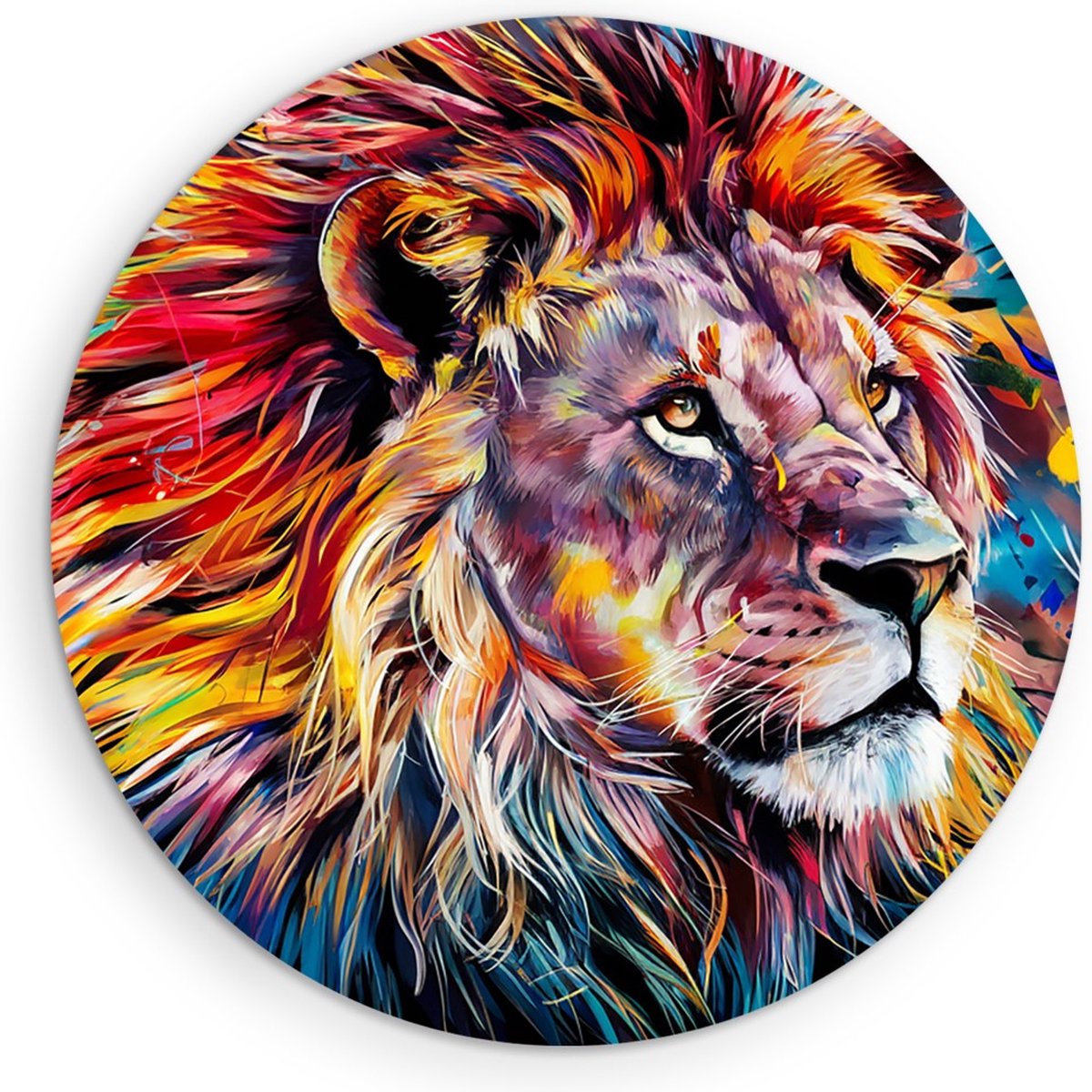 Saammp Forex Muurcirkel - Abstracte Leeuw - Kleurrijk - Dieren - Natuur - Portret - Ø 70 - Wandcirkel - Wanddecoratie Cirkel - Muurdecoratie Woonkamer - Slaapkamer decoratie - Rond Schilderij