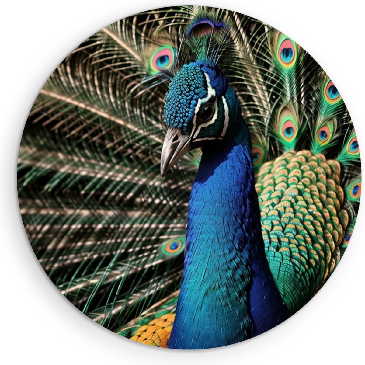 Saammp Forex Muurcirkel - Pauw Close-up - Natuur - Dieren - Ø 40 - Wandcirkel - Wanddecoratie Cirkel - Muurdecoratie Woonkamer - Slaapkamer decoratie - Rond Schilderij