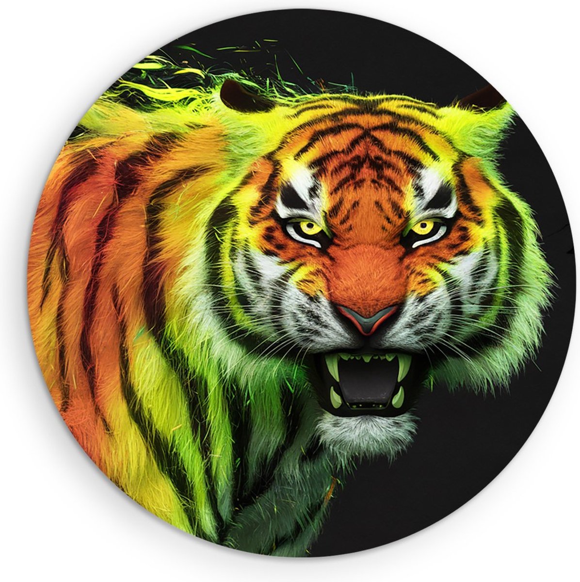 Saammp Muurcirkel Hout - Abstract Kleurrijke Tijger - Natuur - Dieren - Ø 50 - Wandcirkel - Wanddecoratie Cirkel - Muurdecoratie Woonkamer - Slaapkamer decoratie - Rond Schilderij