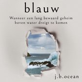 Titel 'blauw' boven een gescheurde opening die uitkijkt op een woeste zee met golven die tegen rotsen slaan.