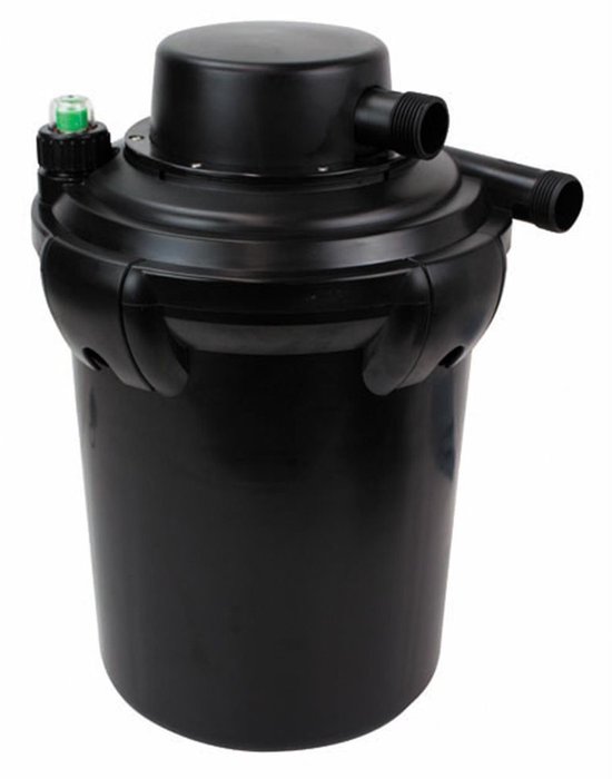 Zwarte cilinderfilter met groene knop en zwarte uitloop aan de zijkant.