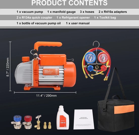 Vacuümpomp - Airco Vacuümpomp - Airco Vacuüm Vul Pomp - Airco Pomp - Met Accessoires - Met Opbergtas - 150W - 1440Rpm - 40 Micron - 3.5CFM - 120V van VONROC — afbeelding 2
