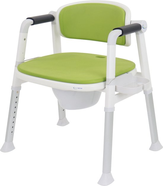 MultiMotion Commode douchestoel met toiletrolhouder en zeepbakje - Groen - Zachte bekleding en opklapbare armleuningen - Douchestoel en Toiletstoel in 1 - Multifunctionele postoel