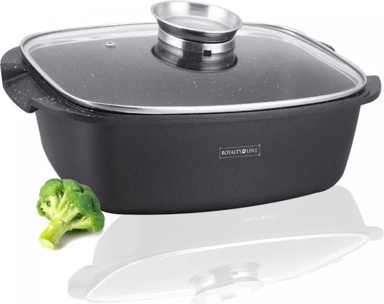 Poêle à induction Royalty Line® ACR34M - 6,9 litres - Rôtissoire - 34 cm - Pour tous feux - Passe au four - Plat à four avec bouton Aroma et couvercle en Verres - Zwart