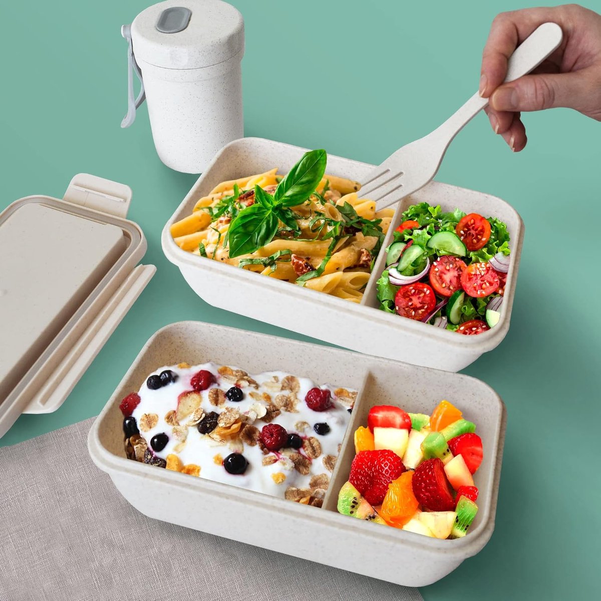2 stuks - Bento Box Met Bestek - 1100ml - Inclusief Geïsoleerde Tas - BPA-vrij - Lekvrije Lunchbox - Herbruikbare Voedselcontainer - Compact en Lichtgewicht — cadeau in Koken & Dineren - foto 5