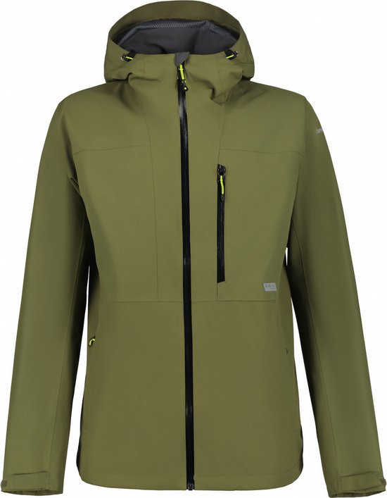 Groene herenjas met capuchon, zwarte ritsen en gele accenten.