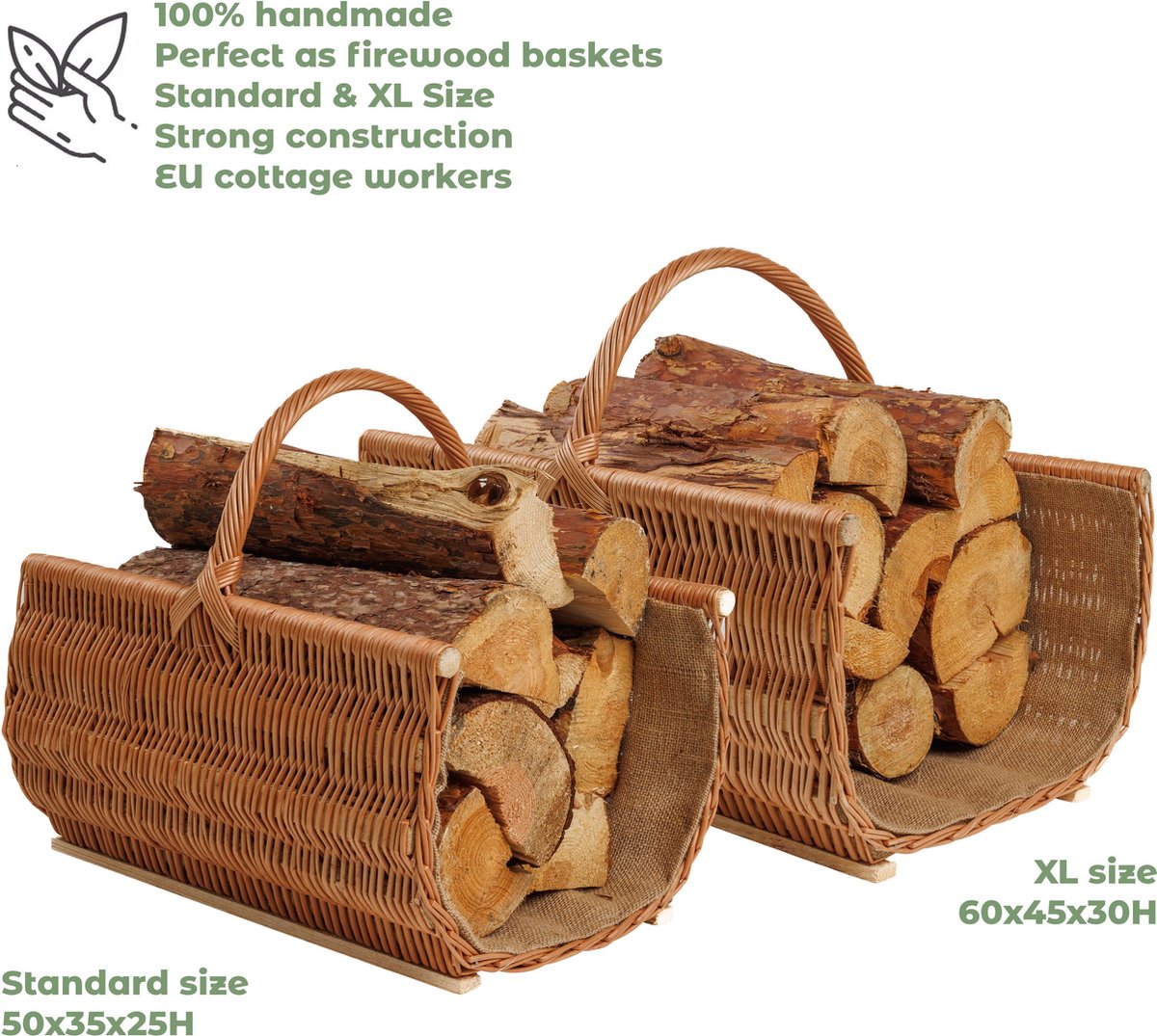 BOGATECO Rieten mand met handvat, grote schoorsteenmand 60 x 45 x 30, handgeweven, houten mand met versterking
