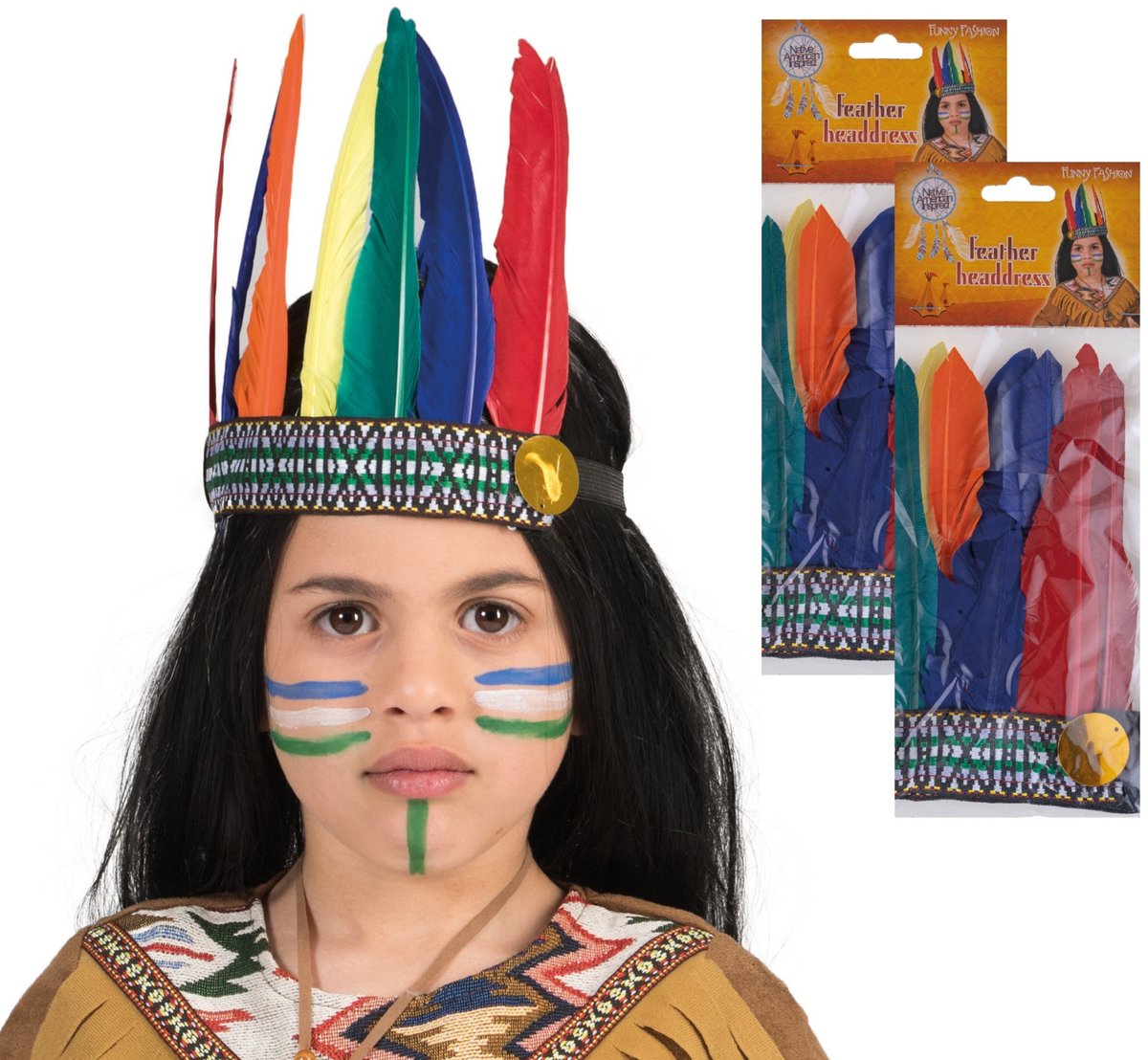Indiaan verkleed hoofdtooi/hoofdband met veren - 2x - voor kinderen - Wilde westen verkleedkleding