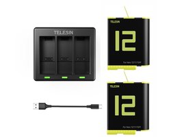 Telesin Triple Batterij Oplader met 2 batterijen voor GoPro 9 / 10 / 11 / 12 - GoPro batterijen met oplader - Met LED-indicatie - Binnen 2 uur opgeladen