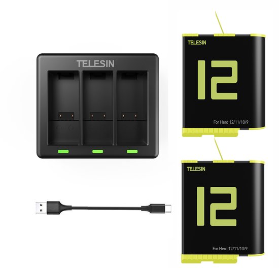 Telesin GoPro batterij oplader met 2 extra accu’s en LED-indicatie voor Hero 9, 10, 11, 12 – 3 tegelijk opladen