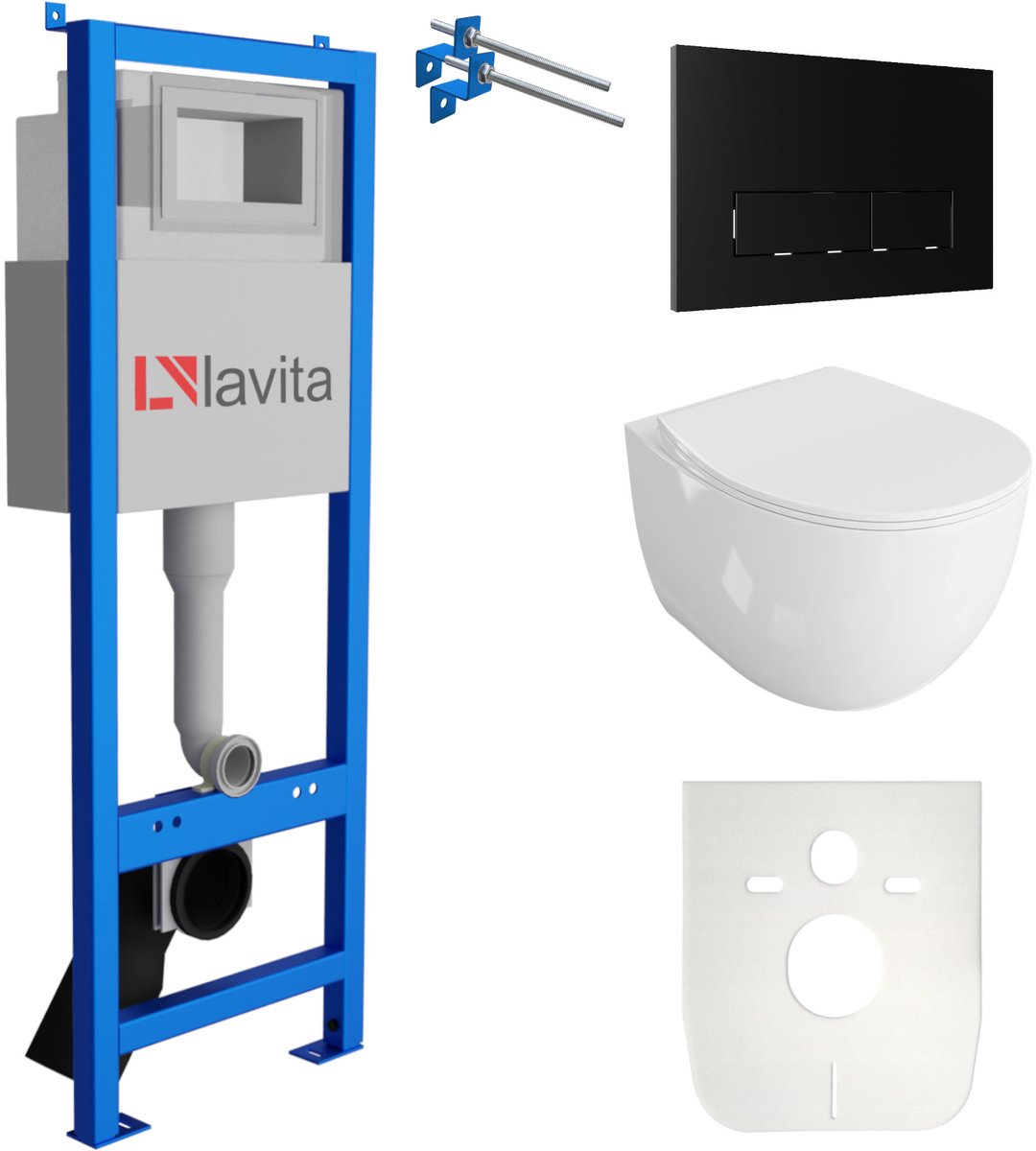 LAVITA® Inbouwreservoir Complete Toiletset LAV 101 - Inbouw WC Hangtoilet Wandcloset MONDO Wit Hoogglans - Bedieningsplaat 200.3.4 Zwart - Voorwandelement voor toilet 40cm - Installatiesysteem