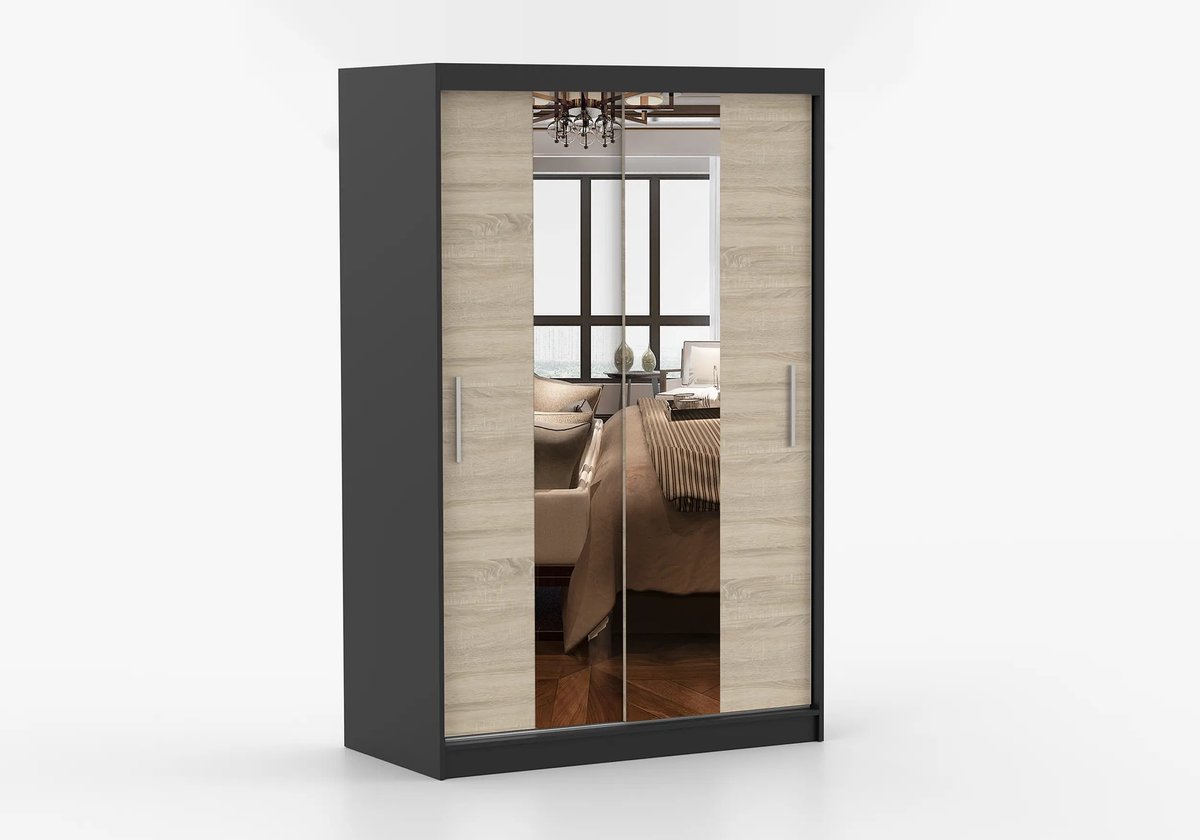 Schuifdeurkast NOAH 01 – 2-deurs kledingkast met spiegel, legplanken en kledingroede – modern design – 120x200x61 cm - NOAH 01 (Zwart + Sonoma)